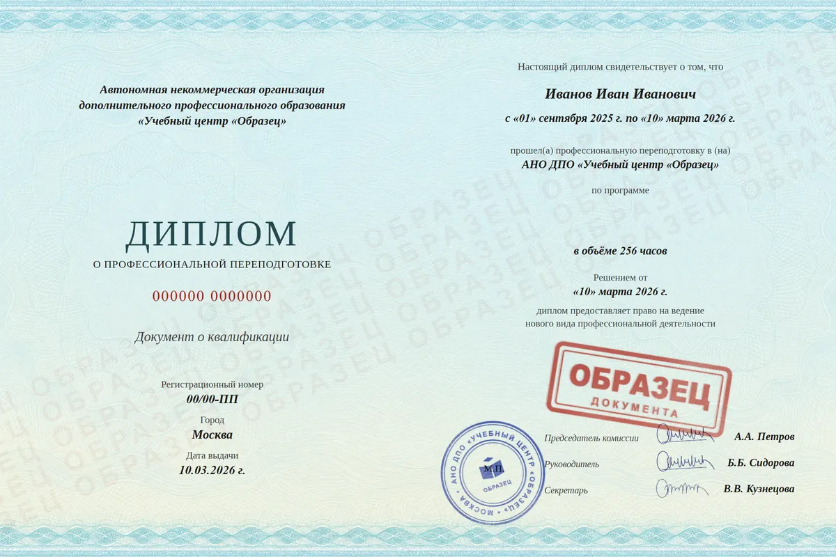 Образец диплома о профессиональной переподготовке: Аудитор